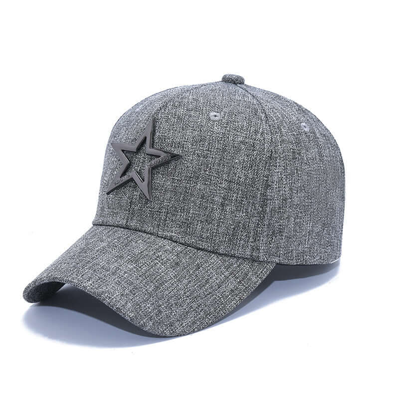 Korean style baseball hat for men, gray with star design, flat brim, perfect for summer sun protection.