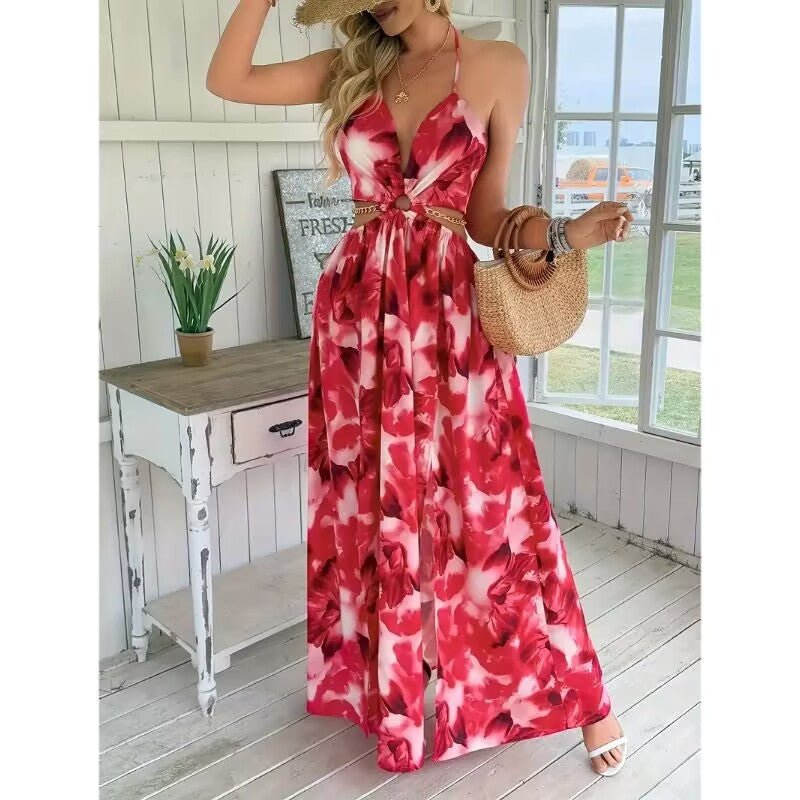 Elegant Womens Floral Print Halter V - neck Backless Side - Slit Dress Cut Out Waist Chain Sleeveless High Side Split Fit Flare Maxi Long Dresses - DBMP (Electronics And More Store)