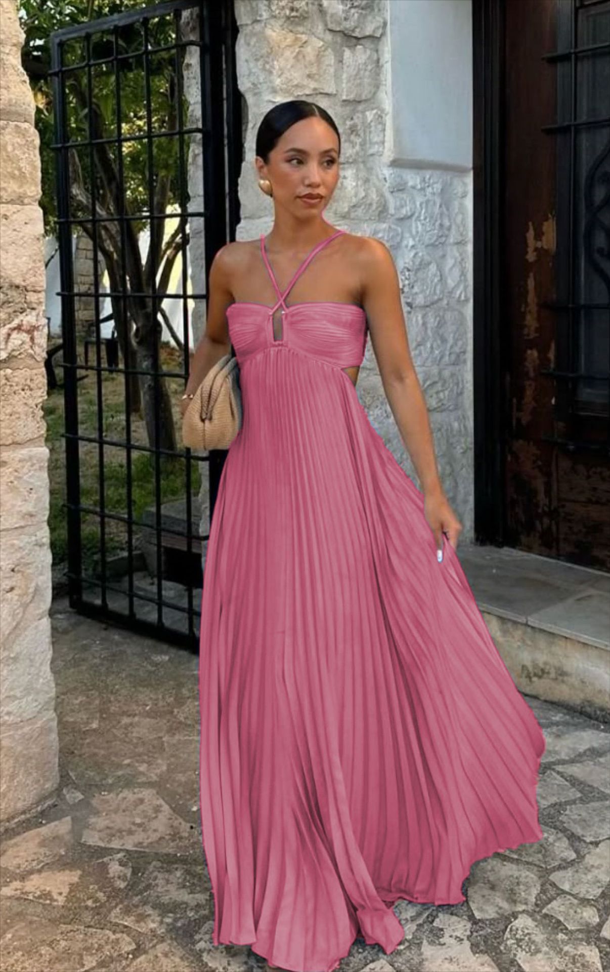 Ins Pleated Sleeveless Sling Dress Hollow High Waist Halter Robe Dresses For Evening Party Club Clothing Women - DBMP (Electronics And More Store)